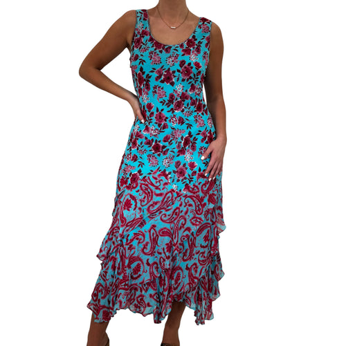 Y2k Vintage Blue + Red Floral Paisley Layered Maxi Dress [L]