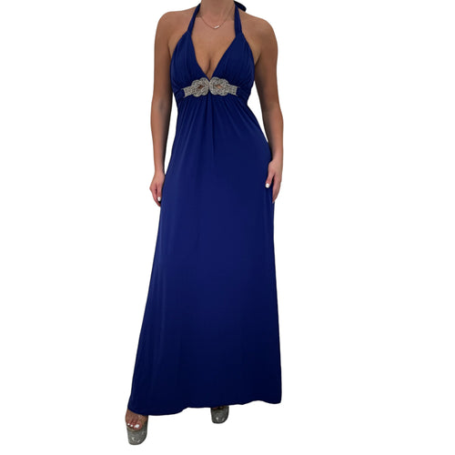 Y2k Vintage Xoxo Blue Sequin Halter Maxi Gown Dress [S]