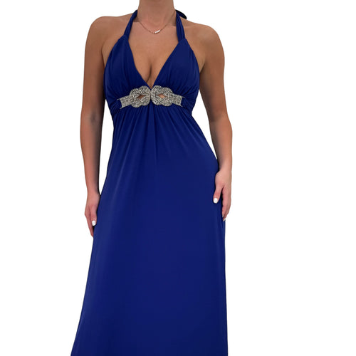 Y2k Vintage Xoxo Blue Sequin Halter Maxi Gown Dress [S]