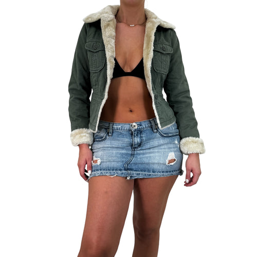 Y2k Vintage Green + Ivory Denim Faux Fur Jacket [S]