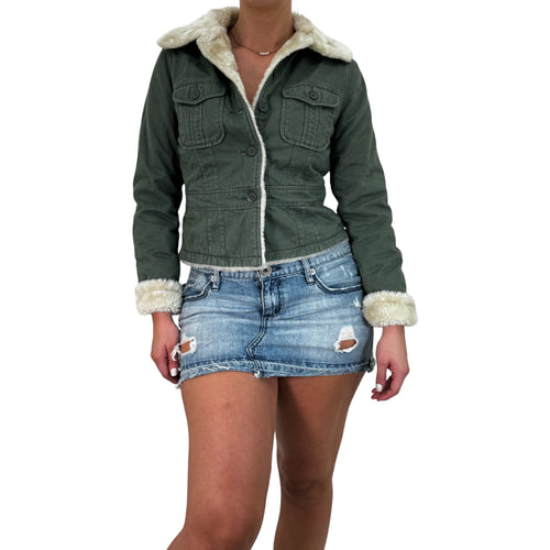 Y2k Vintage Green + Ivory Denim Faux Fur Jacket [S]