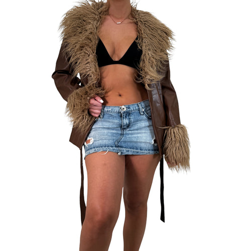 Y2k Vintage Brown Faux Fur Faux Leather Tie Jacket [L]