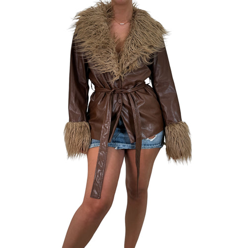 Y2k Vintage Brown Faux Fur Faux Leather Tie Jacket [L]