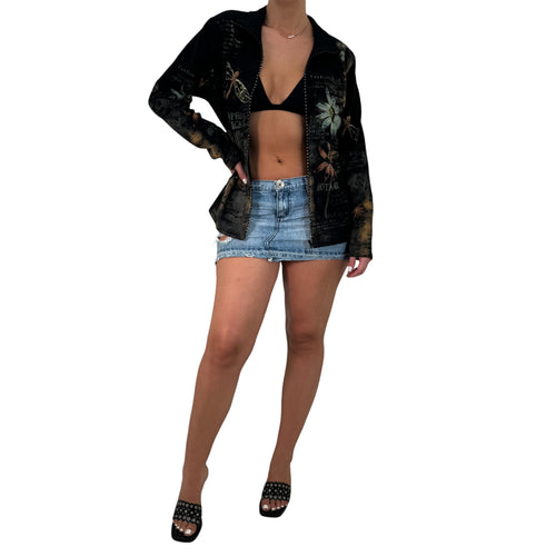 Y2k Vintage Black Dragonfly Floral Sequin Zip Up Jacket