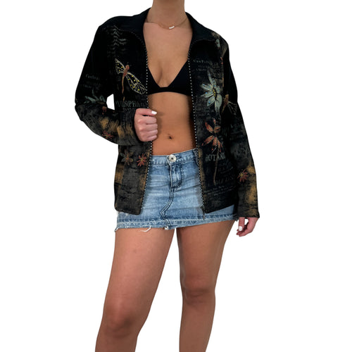 Y2k Vintage Black Dragonfly Floral Sequin Zip Up Jacket