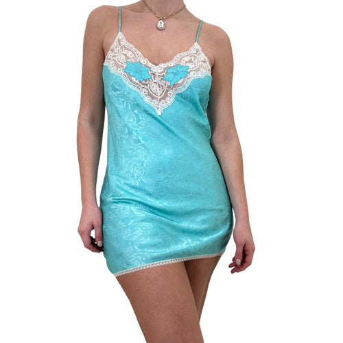 Y2k Vintage Blue Lace Floral Mini Slip Dress [S]