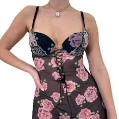 Y2k Vintage Black + Pink Floral Sheer Mini Slip Dress [S, M]