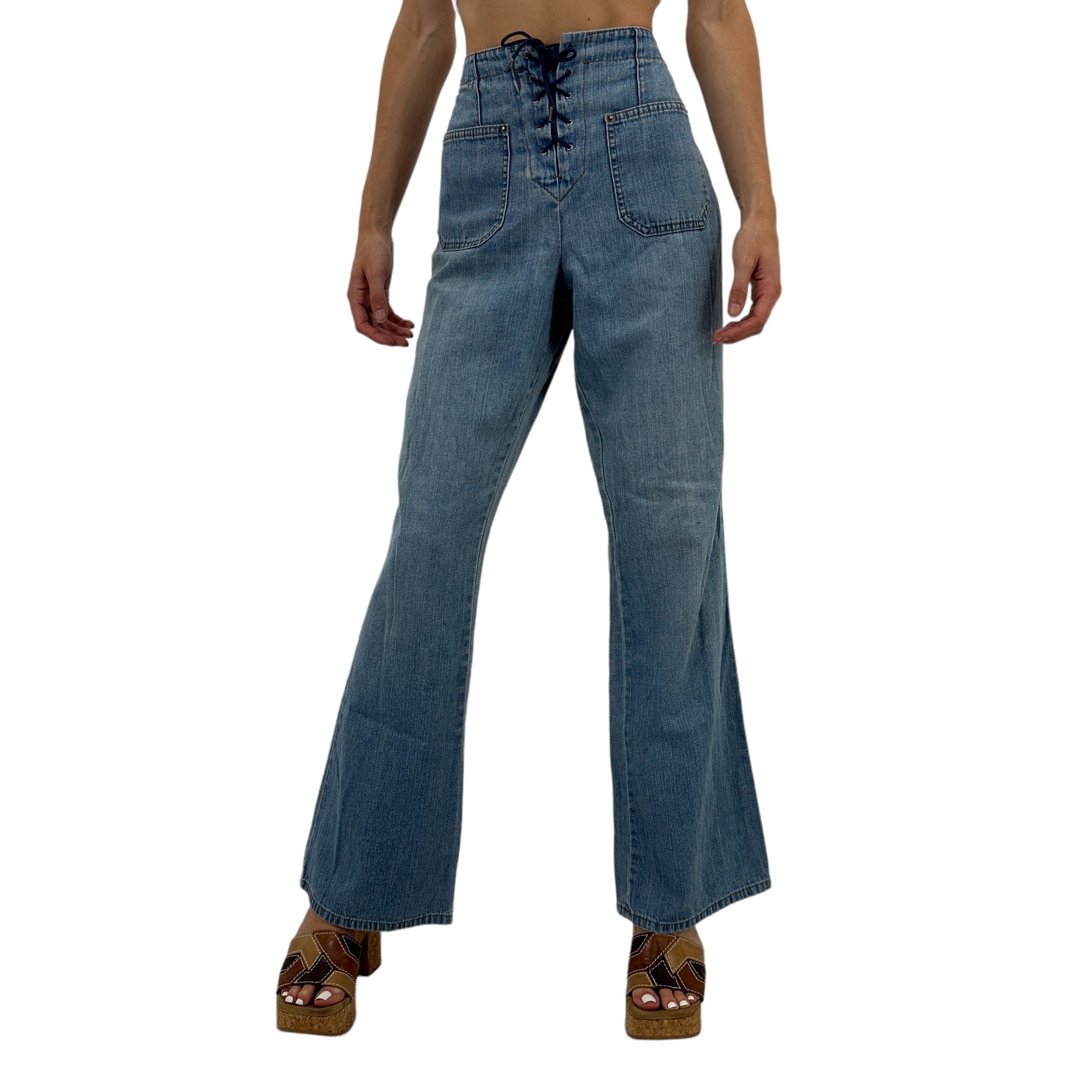 Y2k Vintage Blue Lace Up High Waisted Wideleg Jeans [S]