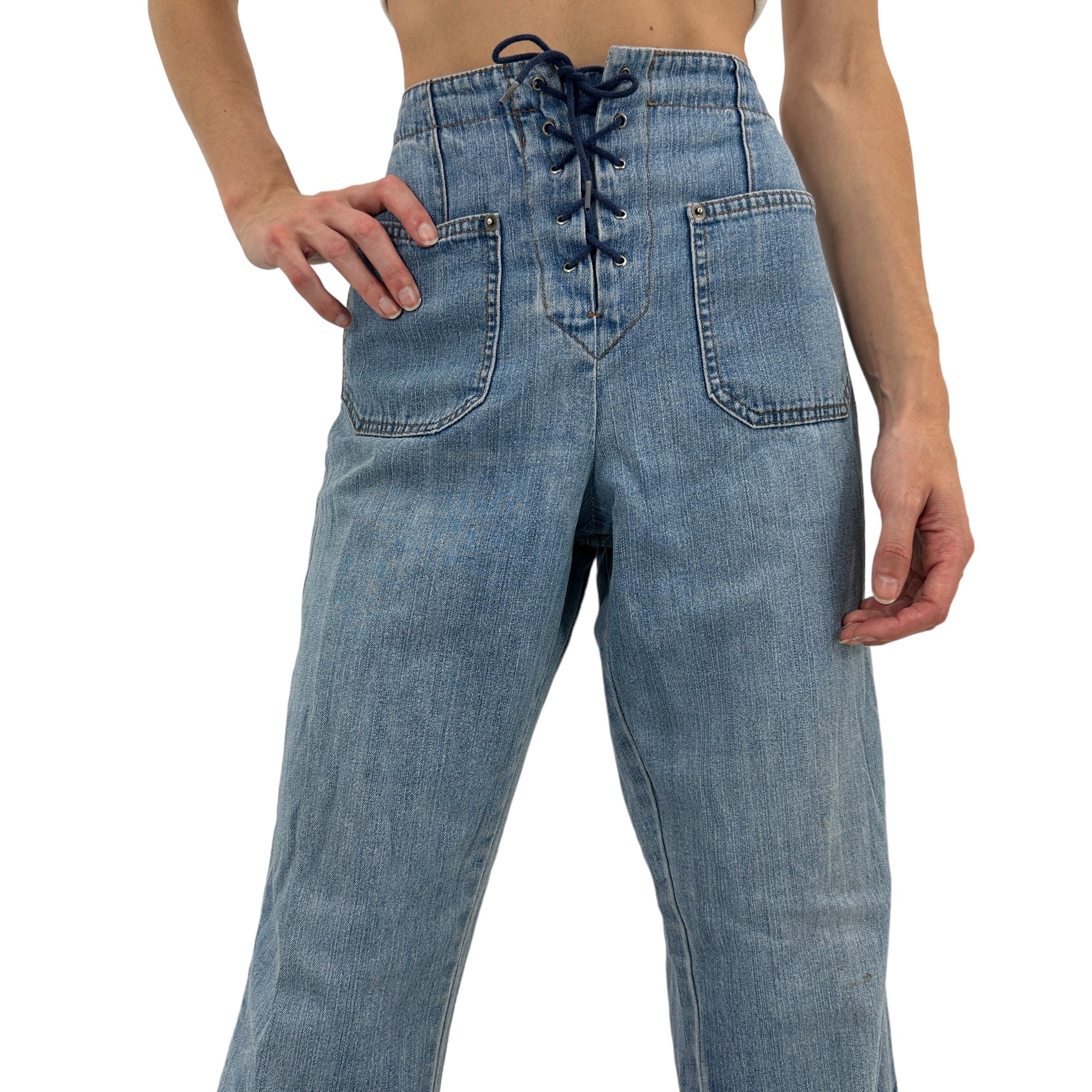 Y2k Vintage Blue Lace Up High Waisted Wideleg Jeans [S]
