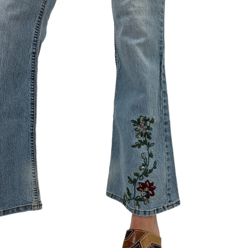 Y2k Vintage Light Wash Blue Low-Rise Flower Embroidered Jeans [S]