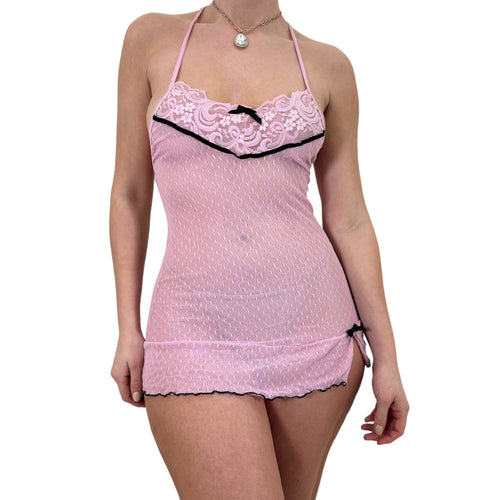 Y2k Vintage Pink Polka Dots Sheer Mini Slip Dress [S]