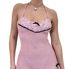 Y2k Vintage Pink Polka Dots Sheer Mini Slip Dress [S]