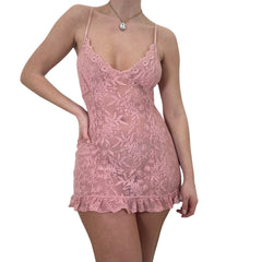 Y2k Vintage Pink Floral Lace Sheer Mini Slip Dress [M]