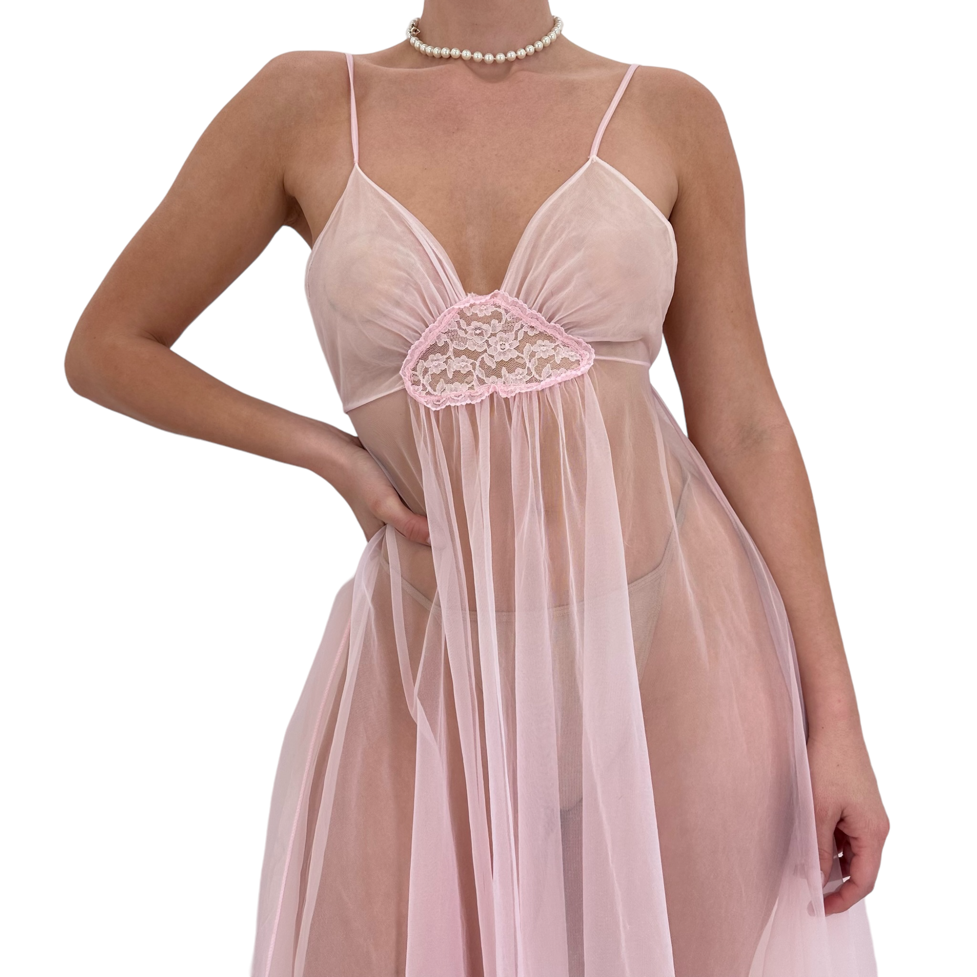 90s Vintage Pink Mesh Maxi Slip Dress [S-M]
