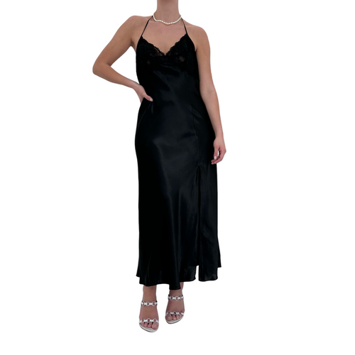 90s Vintage Black Satin Maxi Slip Dress [M-L]