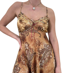 Y2k Vintage Brown + Gold Paisley Mini Slip Dress [L]
