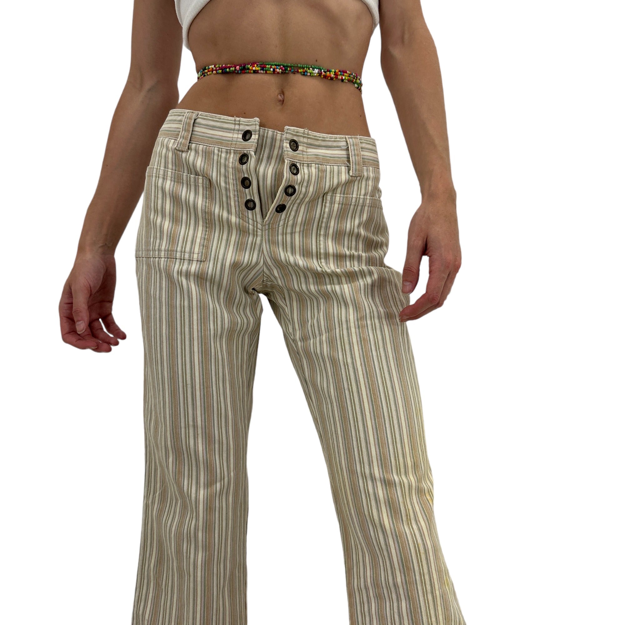 Y2k Vintage Theory Cream Striped Flare Pants [XS, S]