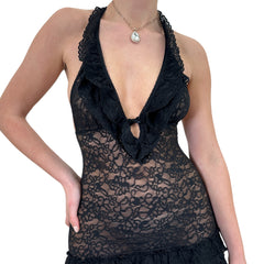 Y2k Vintage Black Floral Lace Halter Mini Slip Dress [S]