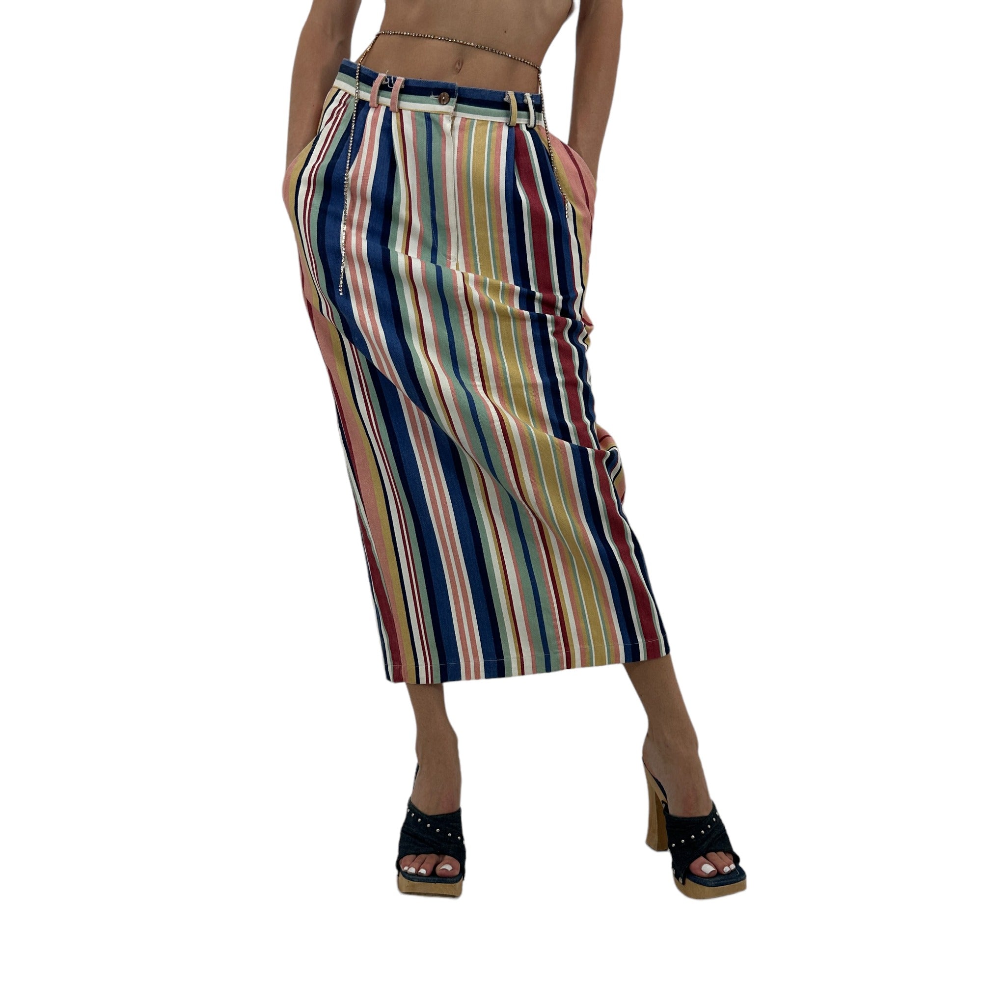Y2k Vintage Multicolor Stripe Back Slit Maxi Skirt [XS, S]