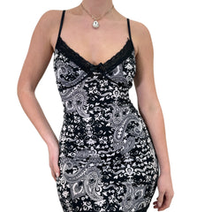 Y2k Vintage Black + White Floral Paisley Mini Slip Dress [M]