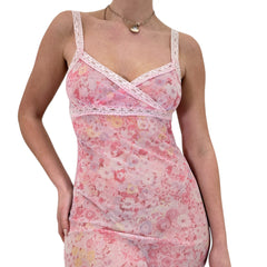 Y2k Vintage Pink Floral V-Neck Slip Dress [S, M]