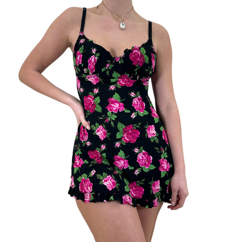 Y2k Vintage Black + Pink Floral Mini Slip Dress [S]
