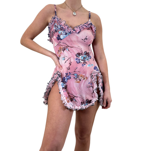 Y2k Vintage Pink Frilly Floral Side Slits Mini Slip Dress [M]