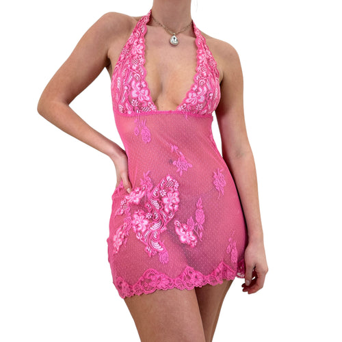 Y2k Vintage Frederick's of Hollywood Pink Floral Sheer Halter Mini Slip Dress [M]