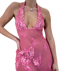 Y2k Vintage Frederick's of Hollywood Pink Floral Sheer Halter Mini Slip Dress [M]