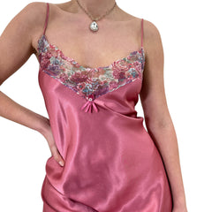 90s Vintage Pink + Purple Satin Floral Trim Mini Slip Dress [L]