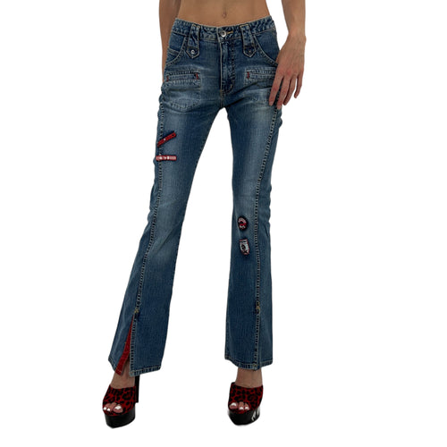 Y2k Vintage Blue + Red Medium Wash Patch Embroidered Jeans [S]