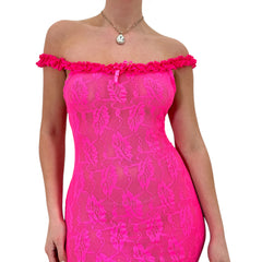 Y2k Vintage Pink Floral Lace Off Shoulder Mini Slip Dress [M]