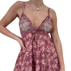 Y2k Vintage Pink Floral Sequin Mini Slip Dress [M]