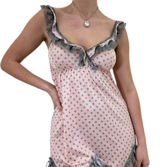 Y2k Vintage Pink + Grey Polka Dots V-Neck Mini Slip Dress [S, M]