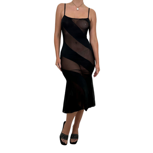 Y2k Vintage Black Striped Sheer Slip Midi Dress [M]