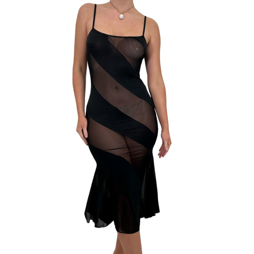 Y2k Vintage Black Striped Sheer Slip Midi Dress [M]