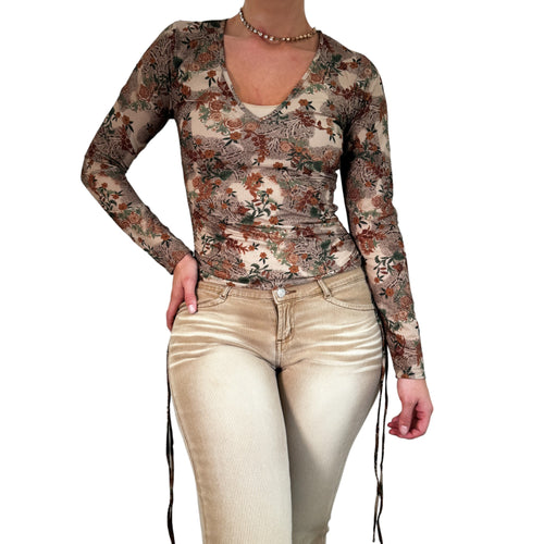 Y2k Vintage Tan + Orange V-Neck Floral Top [M]