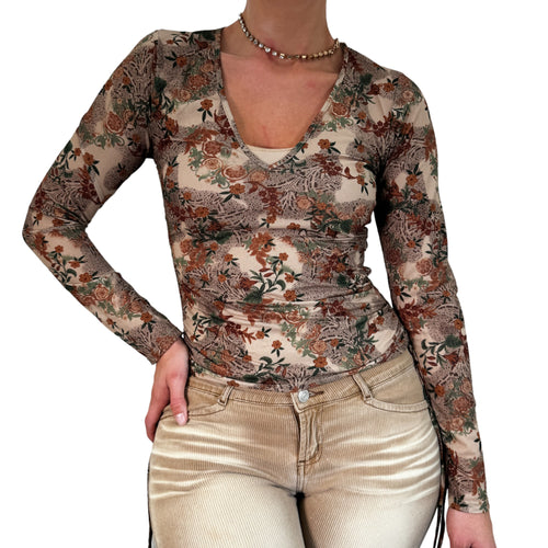 Y2k Vintage Tan + Orange V-Neck Floral Top [M]