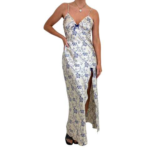 Y2k Vintage Ivory + Blue Floral Slip Maxi Dress [M]