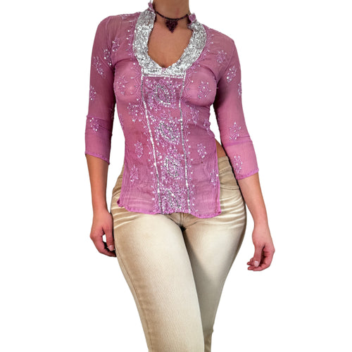 Y2k Vintage Pink + Silver Sheer Sequin Tunic Top [M]