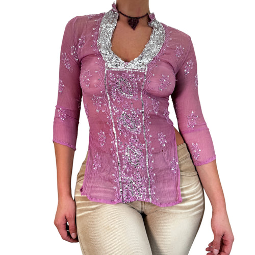 Y2k Vintage Pink + Silver Sheer Sequin Tunic Top [M]