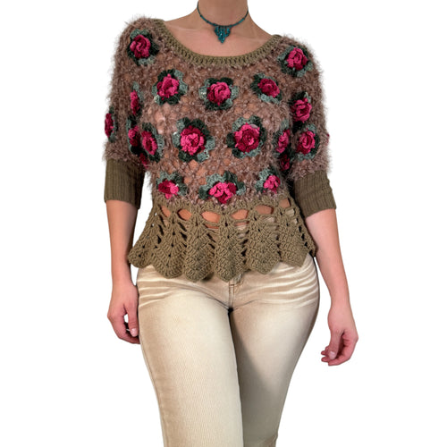 Y2k Vintage Tan + Pink Roses Crochet Top [M]