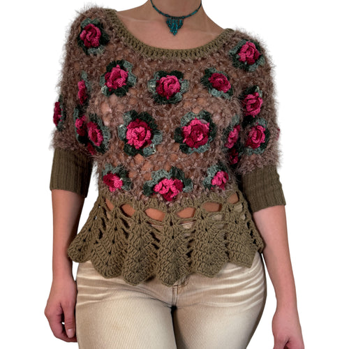 Y2k Vintage Tan + Pink Roses Crochet Top [M]