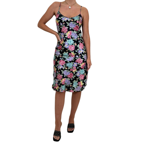 Y2k Vintage Black + Pink Floral Slip Midi Dress [S]