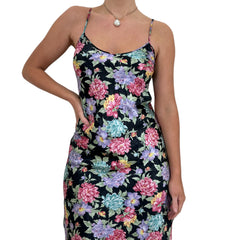 Y2k Vintage Black + Pink Floral Slip Midi Dress [S]
