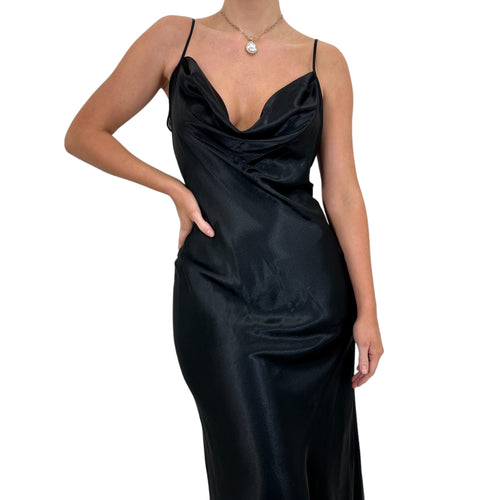 90s Vintage Black Satin Cowl Neck Slip Maxi Dress [M, L]