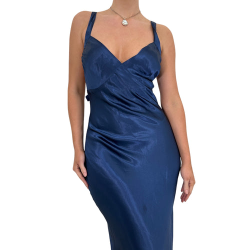90s Vintage Royal Blue Satin V-Neck Slip Maxi Dress [M]