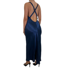 90s Vintage Royal Blue Satin V-Neck Slip Maxi Dress [M]