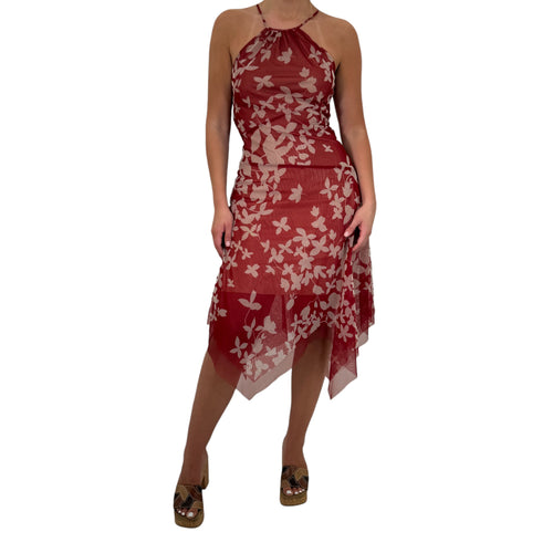 Y2k Vintage BCBG Red + Nude Halter Mesh Floral Dress [S, M]