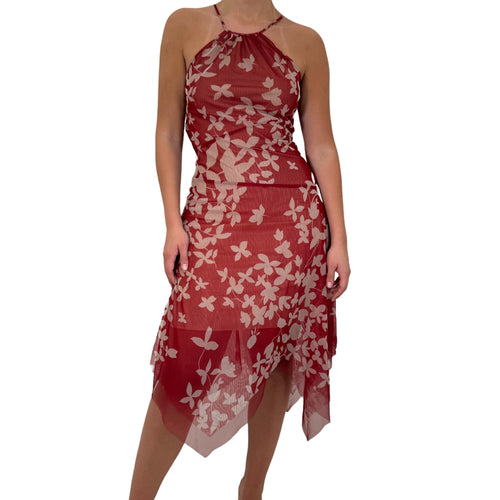 Y2k Vintage BCBG Red + Nude Halter Mesh Floral Dress [S, M]